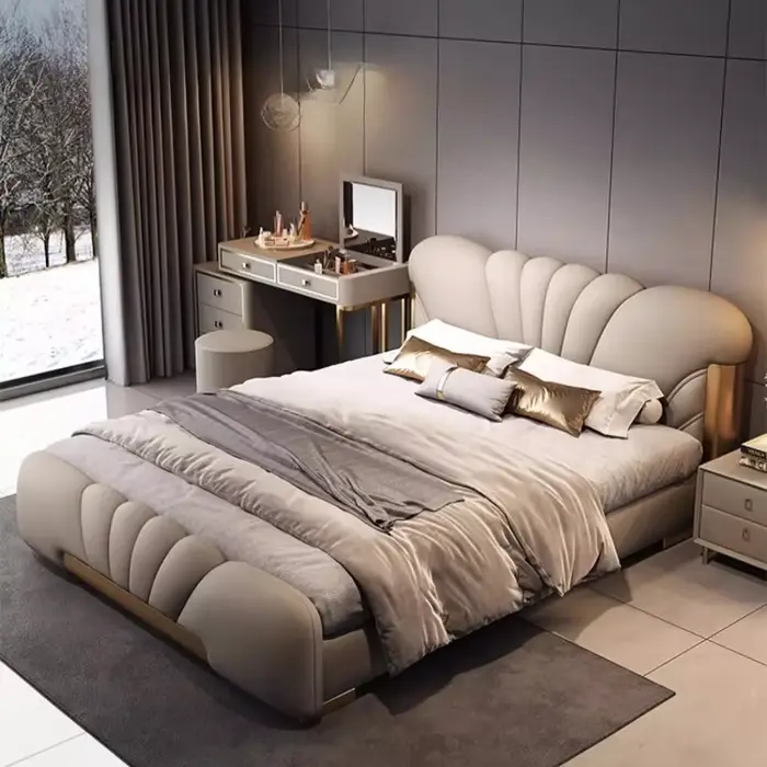 Lit de chambre en cuir Nappa avec dossier souple, cadre de lit double pour hôtel, table de chevet av