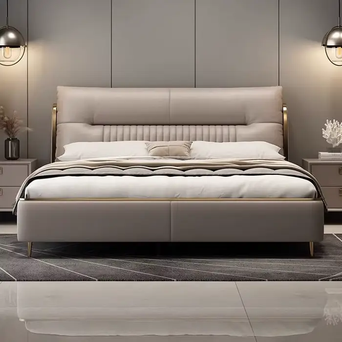 Lit double en cuir Nappa, design nordique, tête de lit à dossier souple, lit pour 2 personnes, cadre