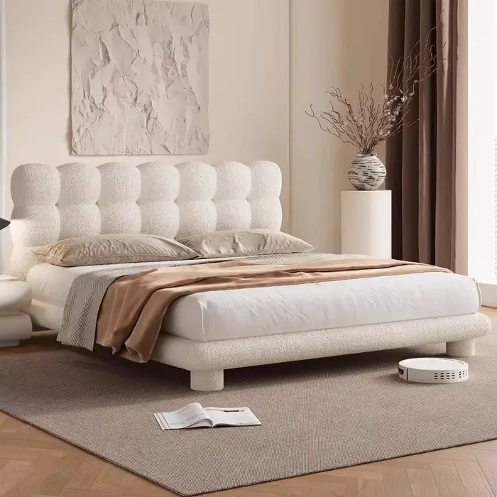 Lit double simple en flanelle blanc, grand lit de mariage design avec rangement, lit de princesse mu