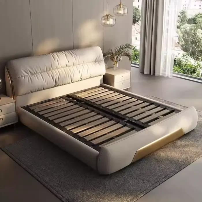 Lits Double nordiques Queen, minimaliste, moderne, crème, espace de rangement, Letto Matrimoniale Mu