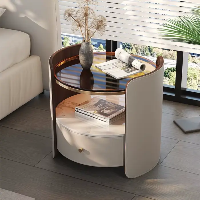 Tables de chevet modernes en bois massif et verre avec tiroirs en cuir, meuble de rangement pour sal