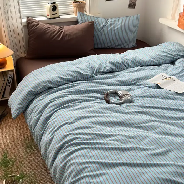 Parure de lit en coton lavé doux, rayures bleues et marron, avec 2 taies d'oreiller, pour la décorat