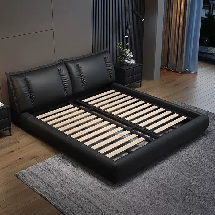 Lit de chambre en cuir pleine fleur, décoration esthétique, lit noir pour 2 personnes, design nordiq