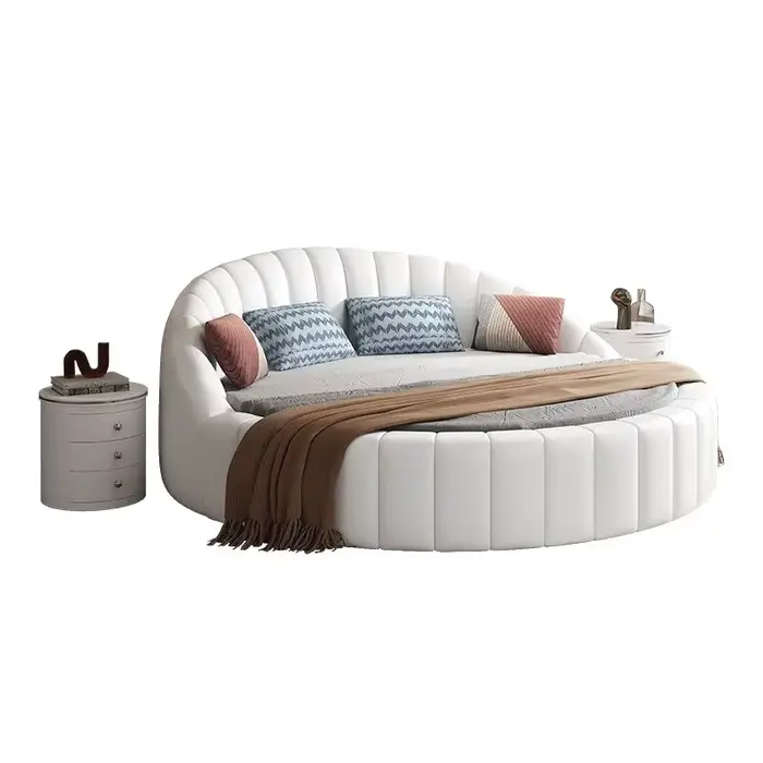 Lit rond minimaliste blanc moderne, lit princesse avec rangement, Tatami, crème, Deluxe, 220x220cm,